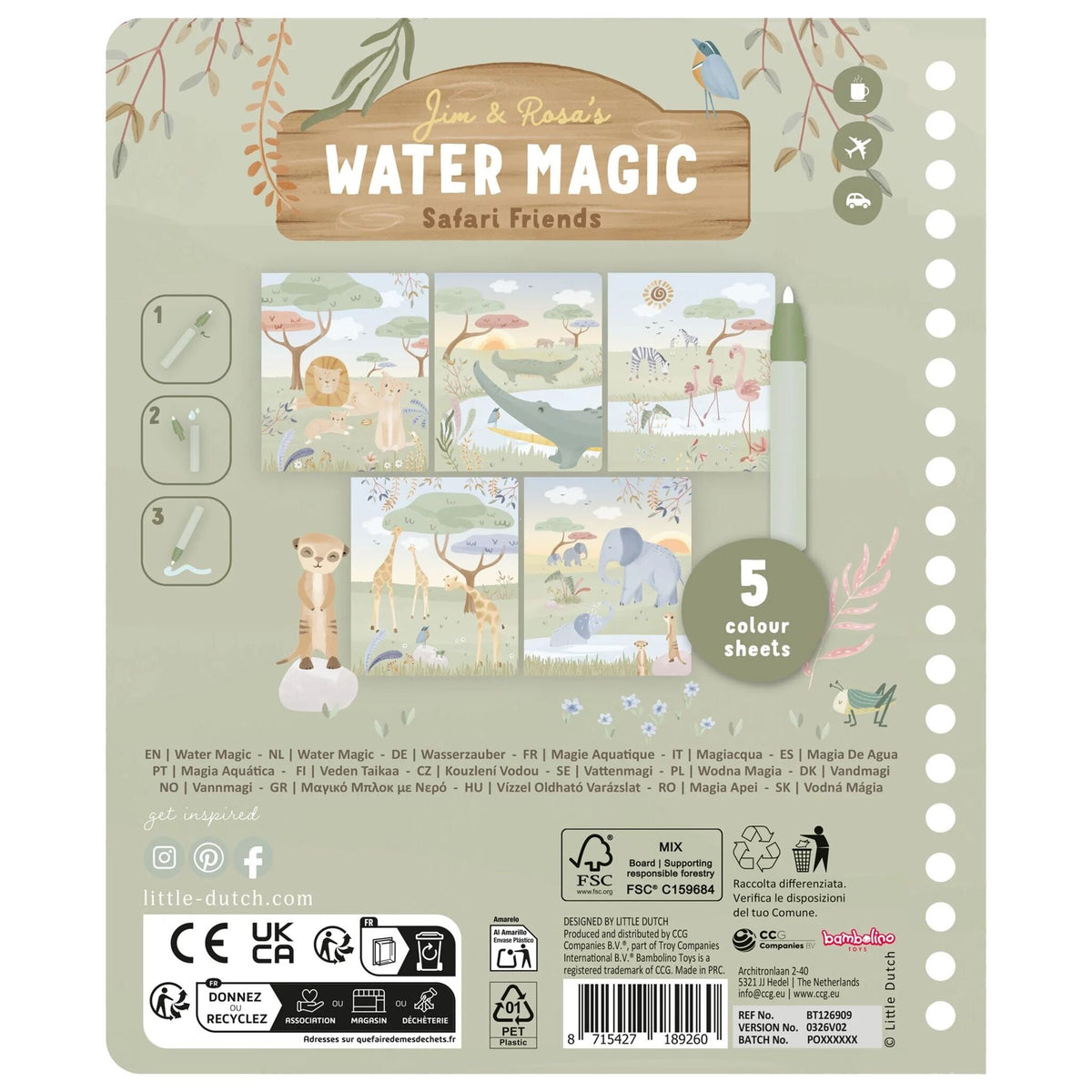 Libro Magico ad Acqua Rosa Safari Friends Little Dutch | Colora con l’acqua e guarda le immagini prendere vita