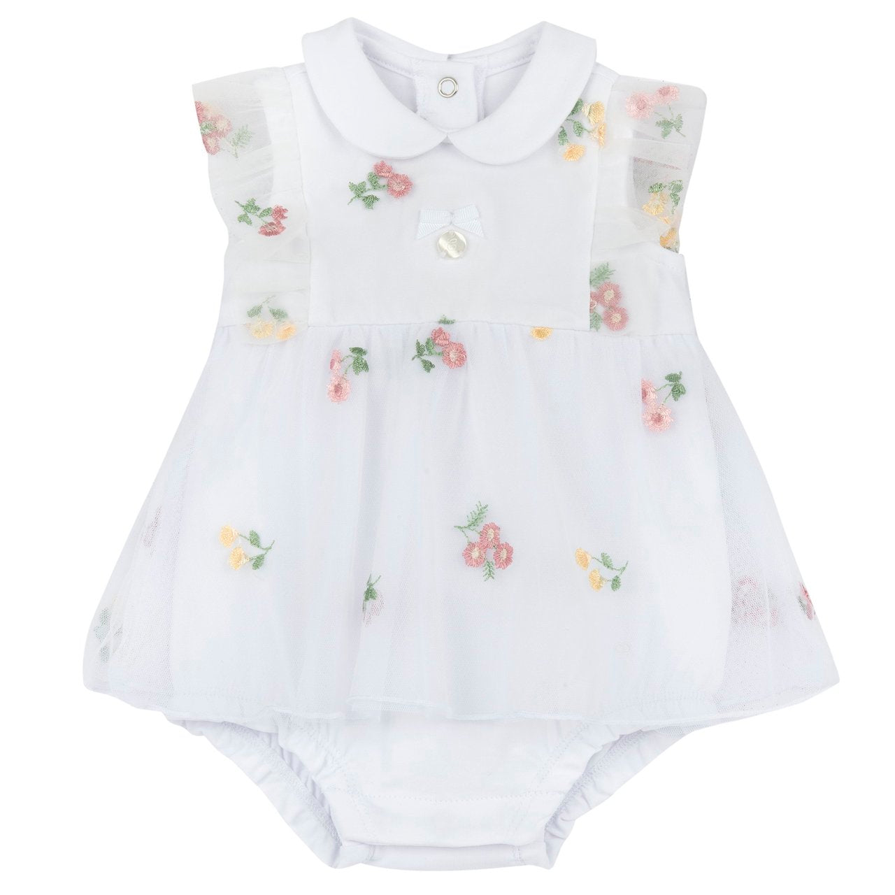 Pagliaccetto Effetto Vestito in Cotone Elasticizzato e Tulle Chicco | Tutina Ricamata