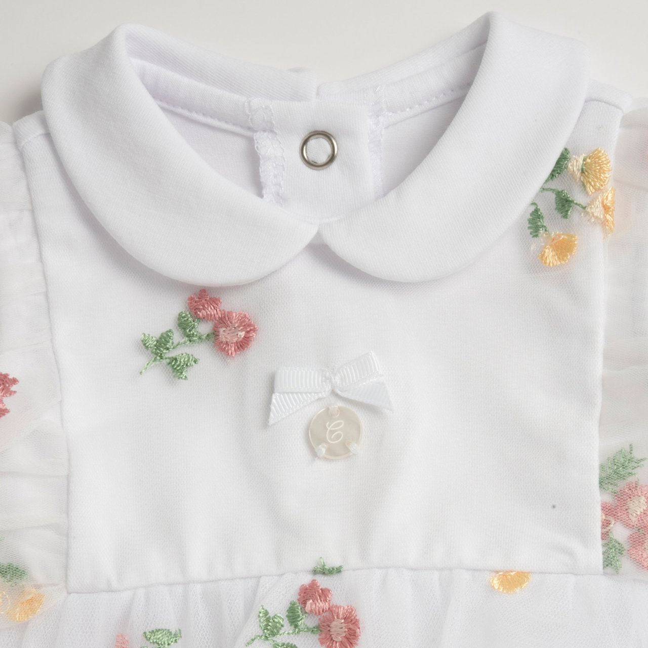 Pagliaccetto Effetto Vestito in Cotone Elasticizzato e Tulle Chicco | Tutina Ricamata