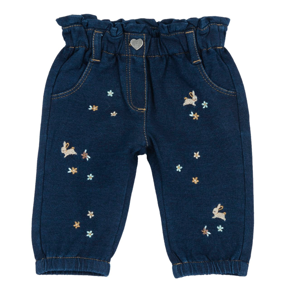 Pantaloni Lunghi con Ricami Coniglietti e Fiorellini Chicco A/I 2026-27 | Dolcissimi jeans bimba