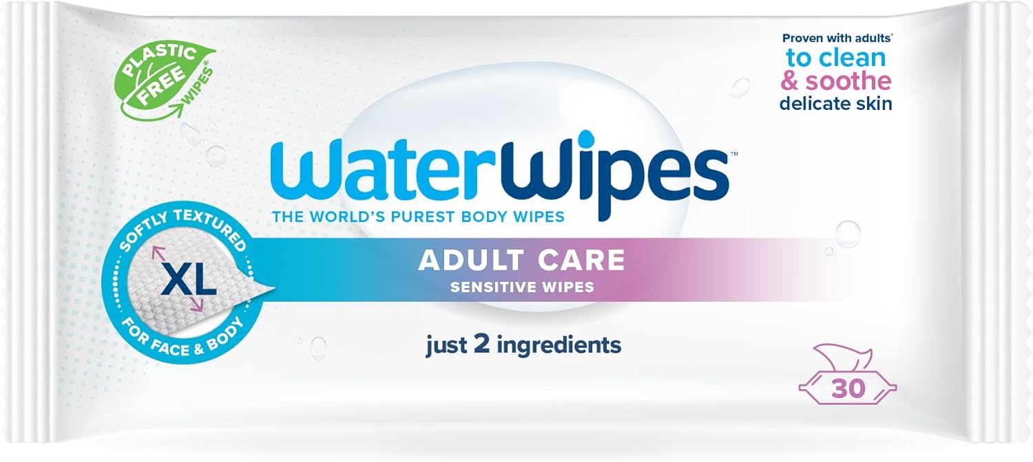 WaterWipes Adult Care XL Sensitive Wipes – 30 Salviette XL | Delicatezza 99,9% Acqua per Pelle Sensibile