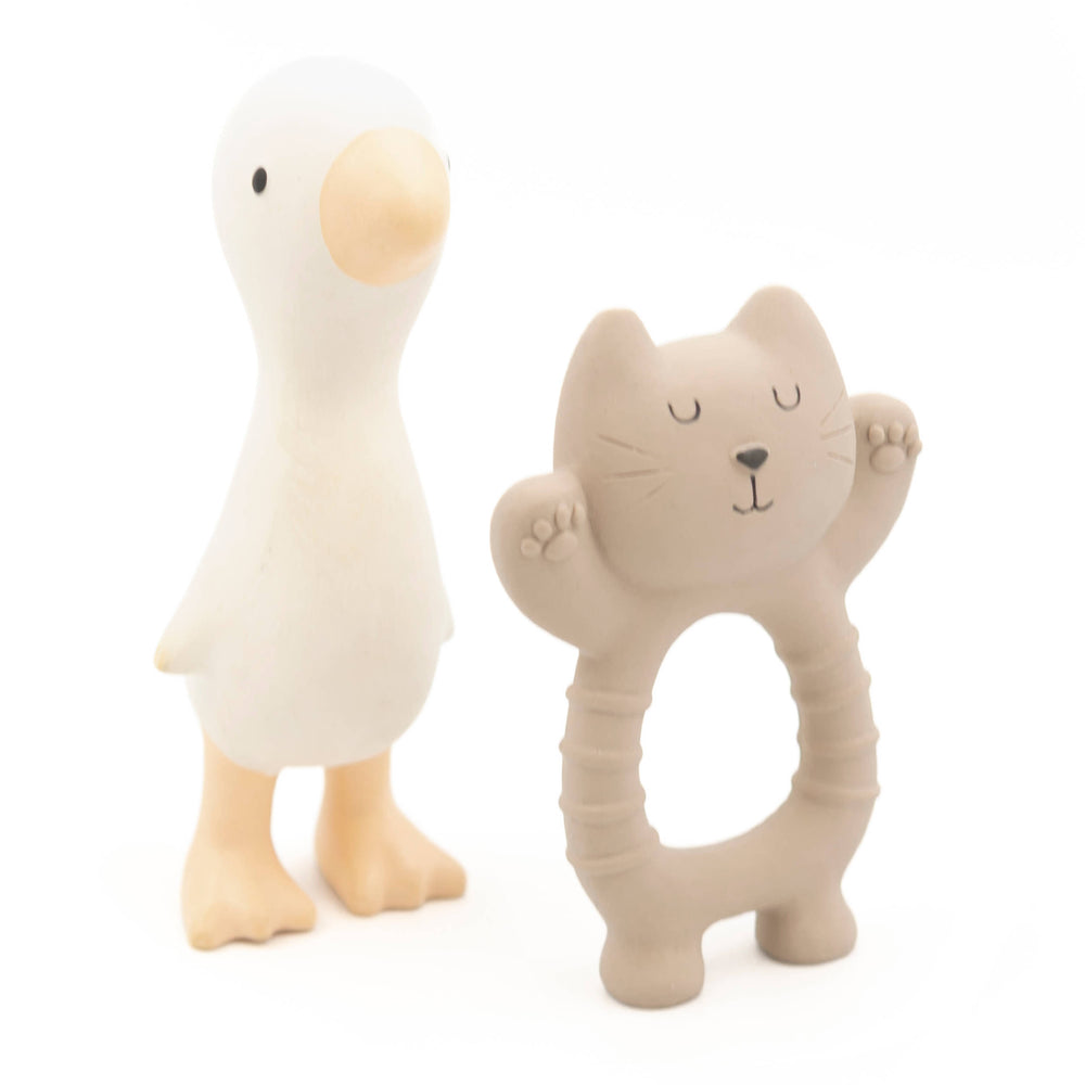 Set in Gomma Naturale Gatto e Papera Bamboom | Set Giochi Sensoriali e Massaggiagengive per Neonato