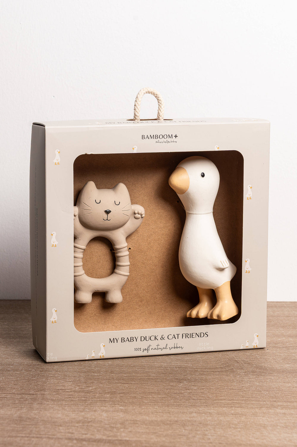 Set in Gomma Naturale Gatto e Papera Bamboom | Set Giochi Sensoriali e Massaggiagengive per Neonato