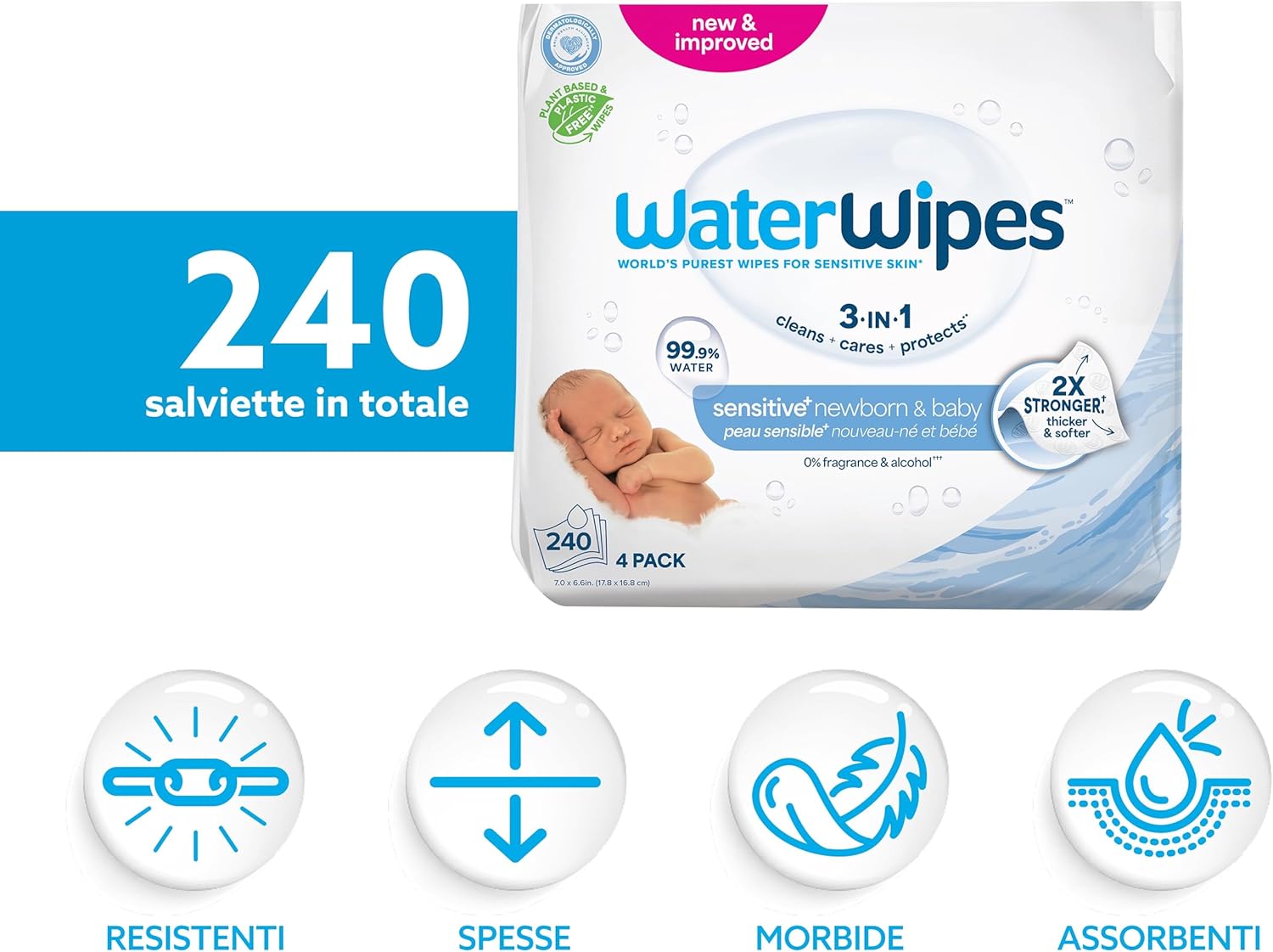 WaterWipes Sensitive+ – Salviettine Neonati 240 Pezzi (4 Confezioni) | 99,9% Acqua, Senza Profumo
