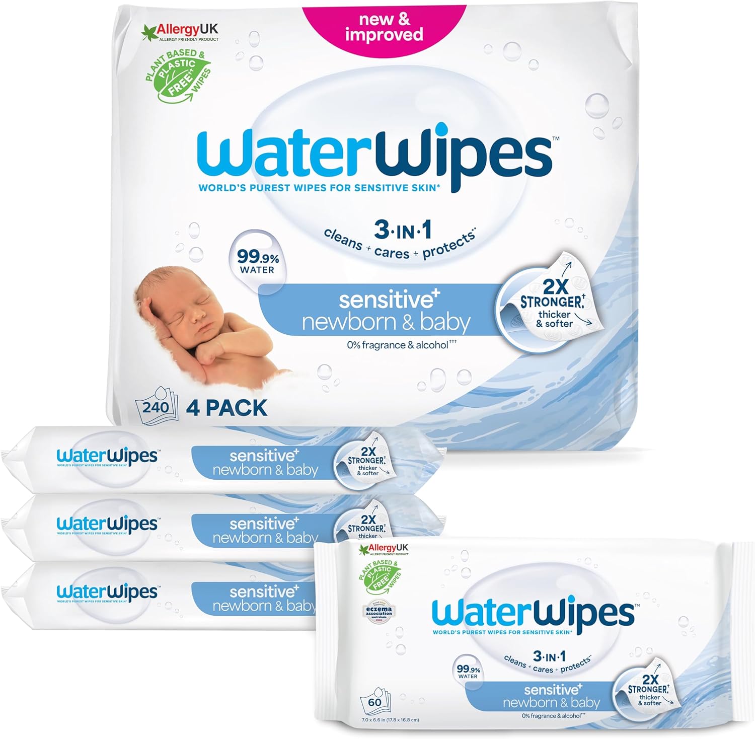 WaterWipes Sensitive+ – Salviettine Neonati 240 Pezzi (4 Confezioni) | 99,9% Acqua, Senza Profumo
