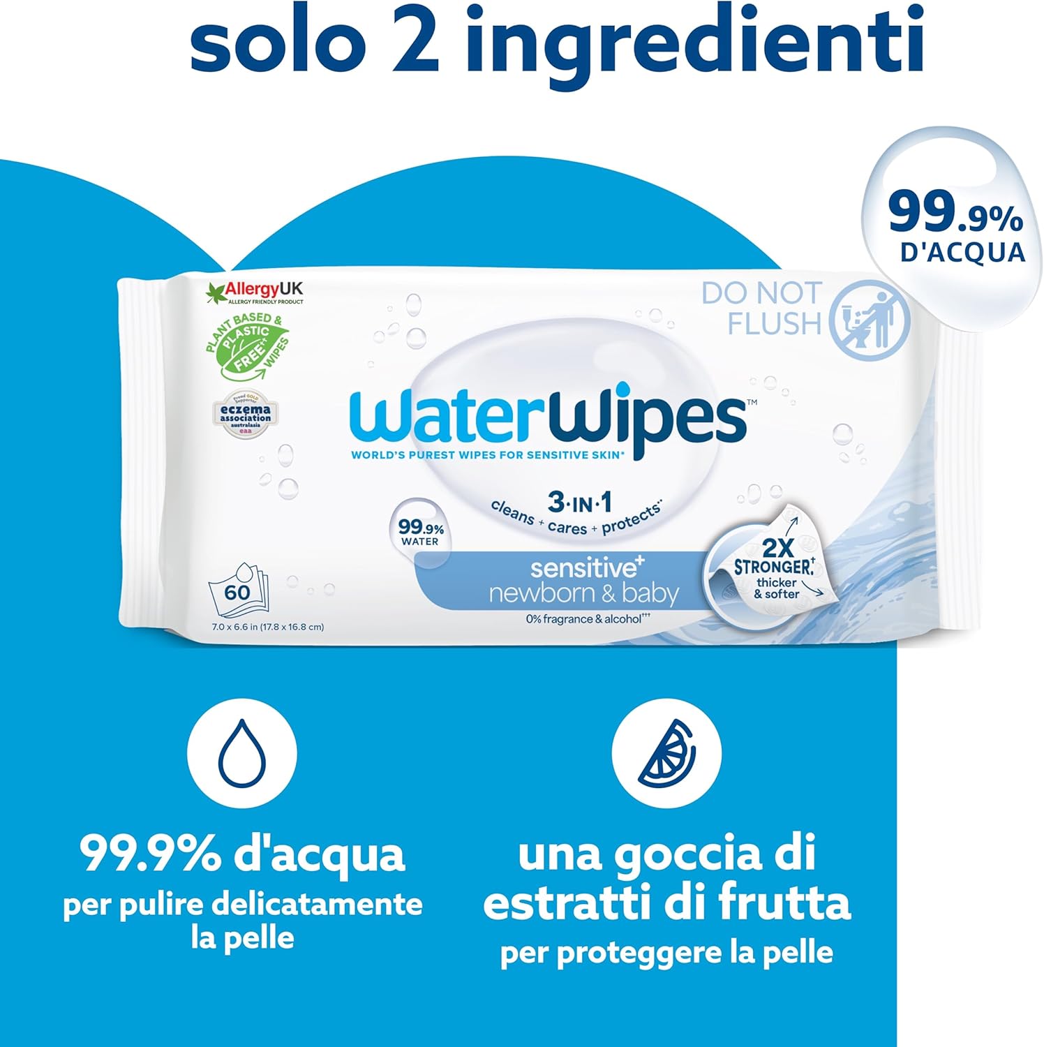 WaterWipes Sensitive+ – Salviettine Neonati 240 Pezzi (4 Confezioni) | 99,9% Acqua, Senza Profumo