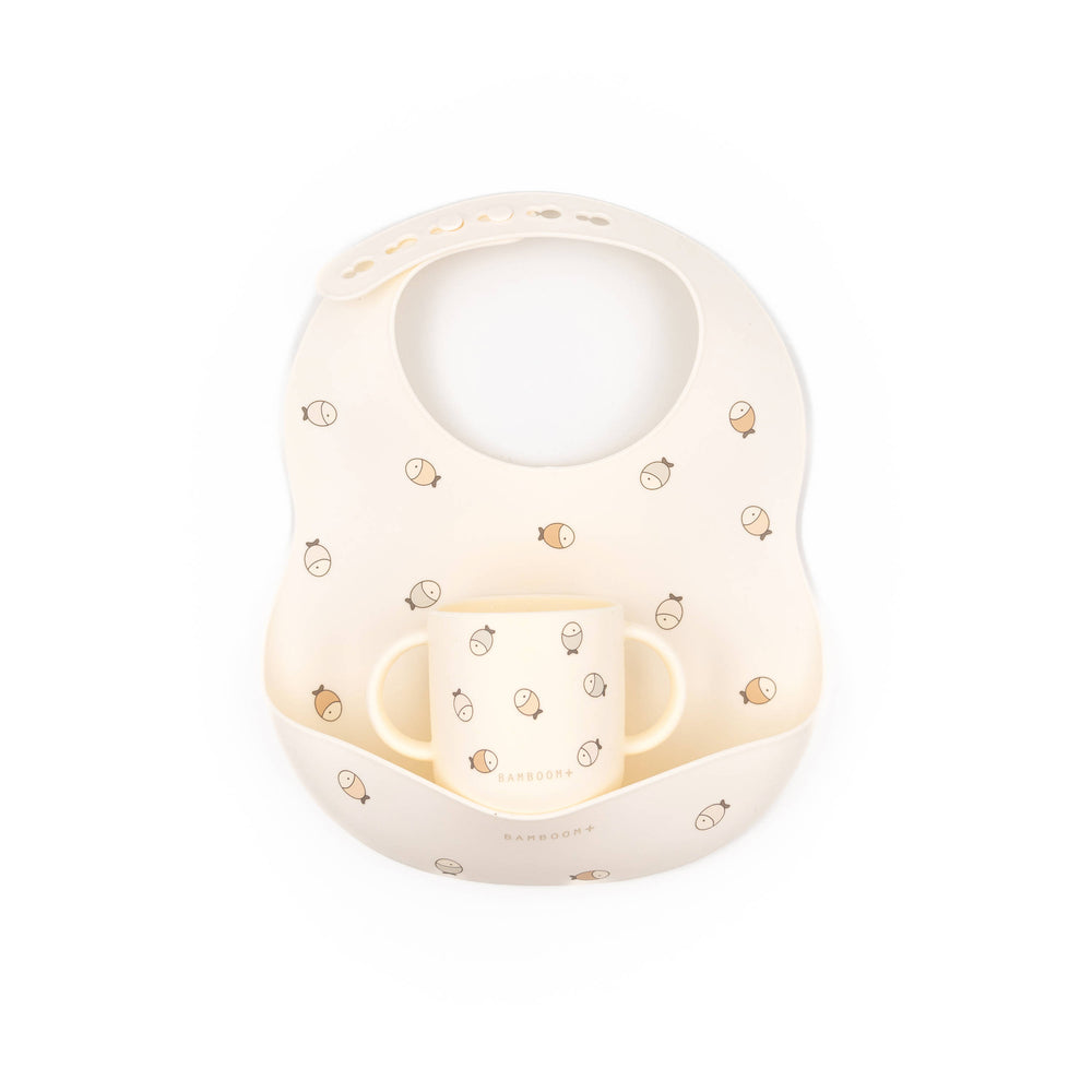 Bavaglino in silicone e tazza Bamboom | Set pratico e intelligente per lo svezzamento