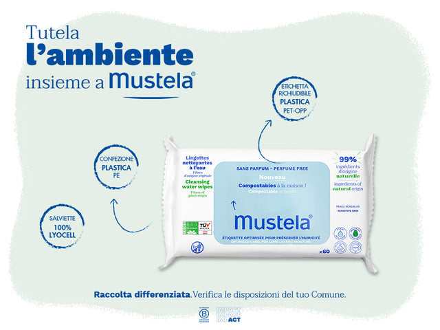 Mustela Salviette Cambio Pannolino Compostabili Senza Profumo – 60 Pezzi | 100% Fibre Lyocell di Origine Vegetale