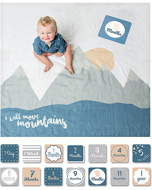Kit Primo Anno Lulujo Baby's First Year I Will Move Mountains | Set Fotografico Neonato con Copertina in Mussola e Card Mensili